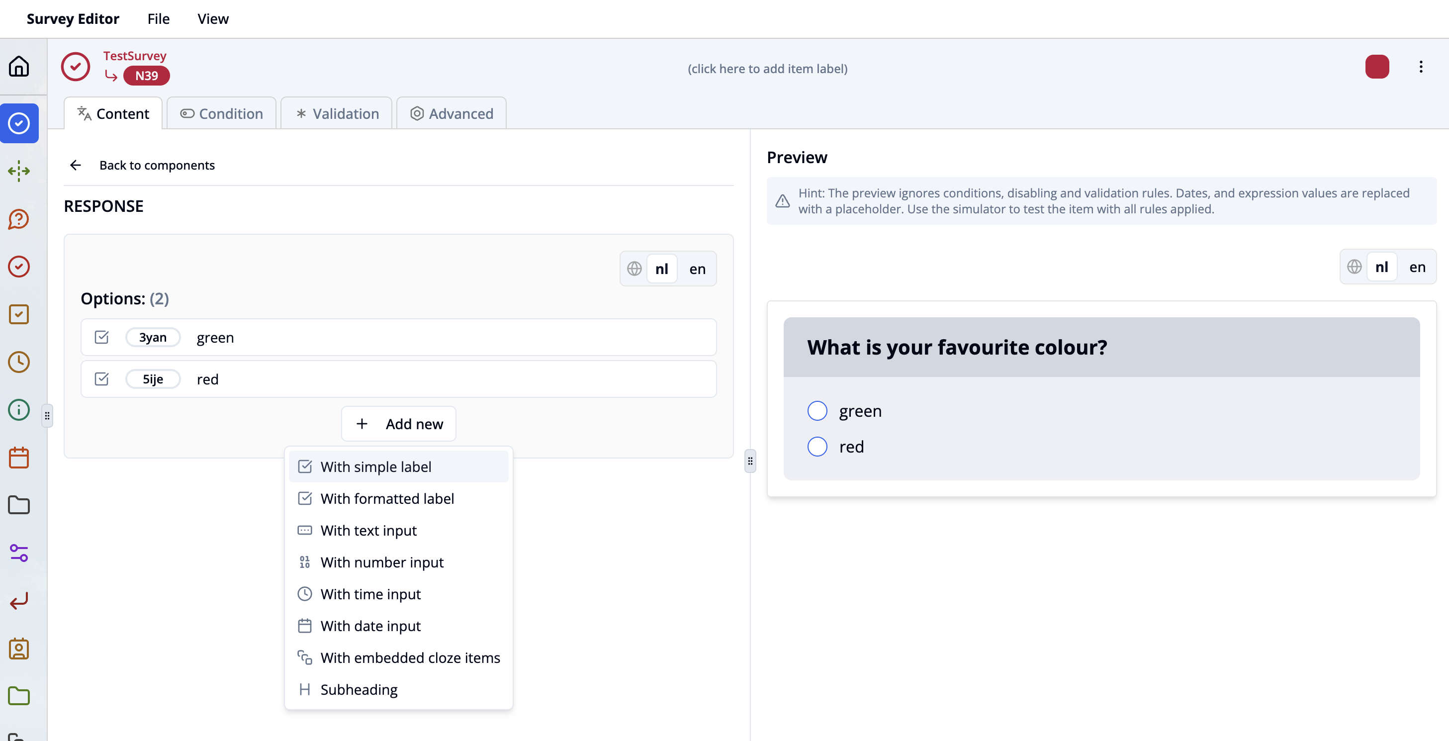 Available label types for Single Choice Response Options
