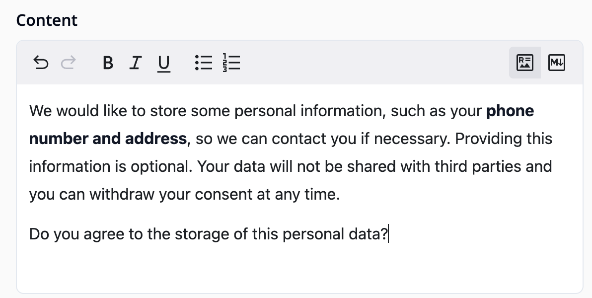 Example of content input field