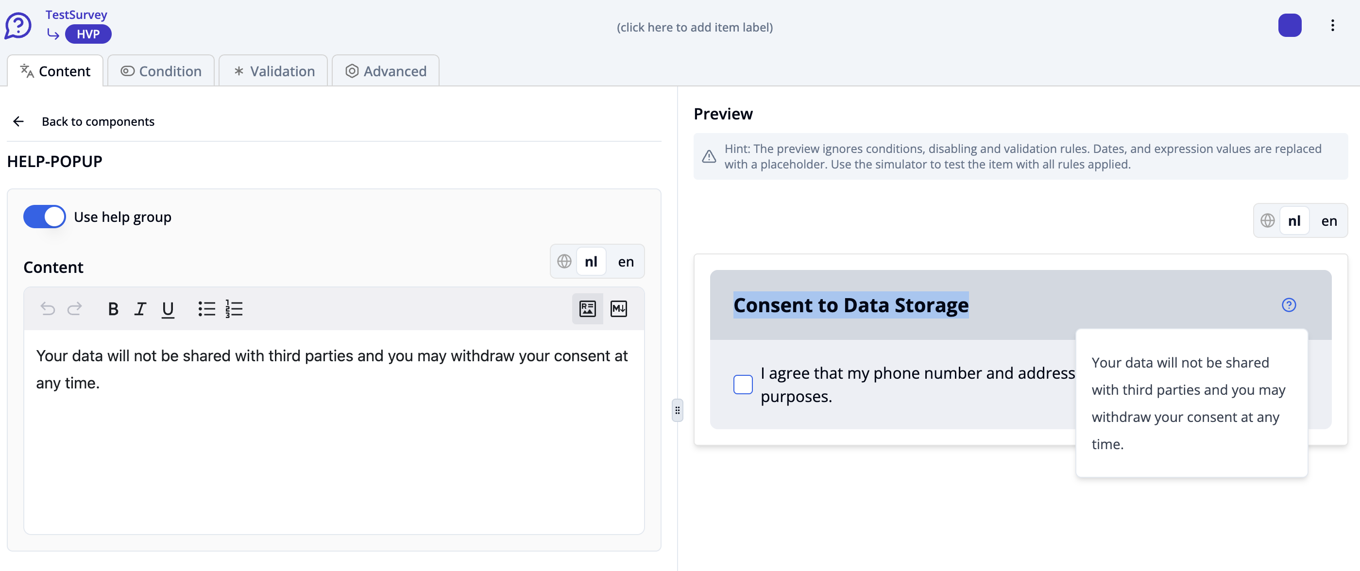 Overview of help popup component