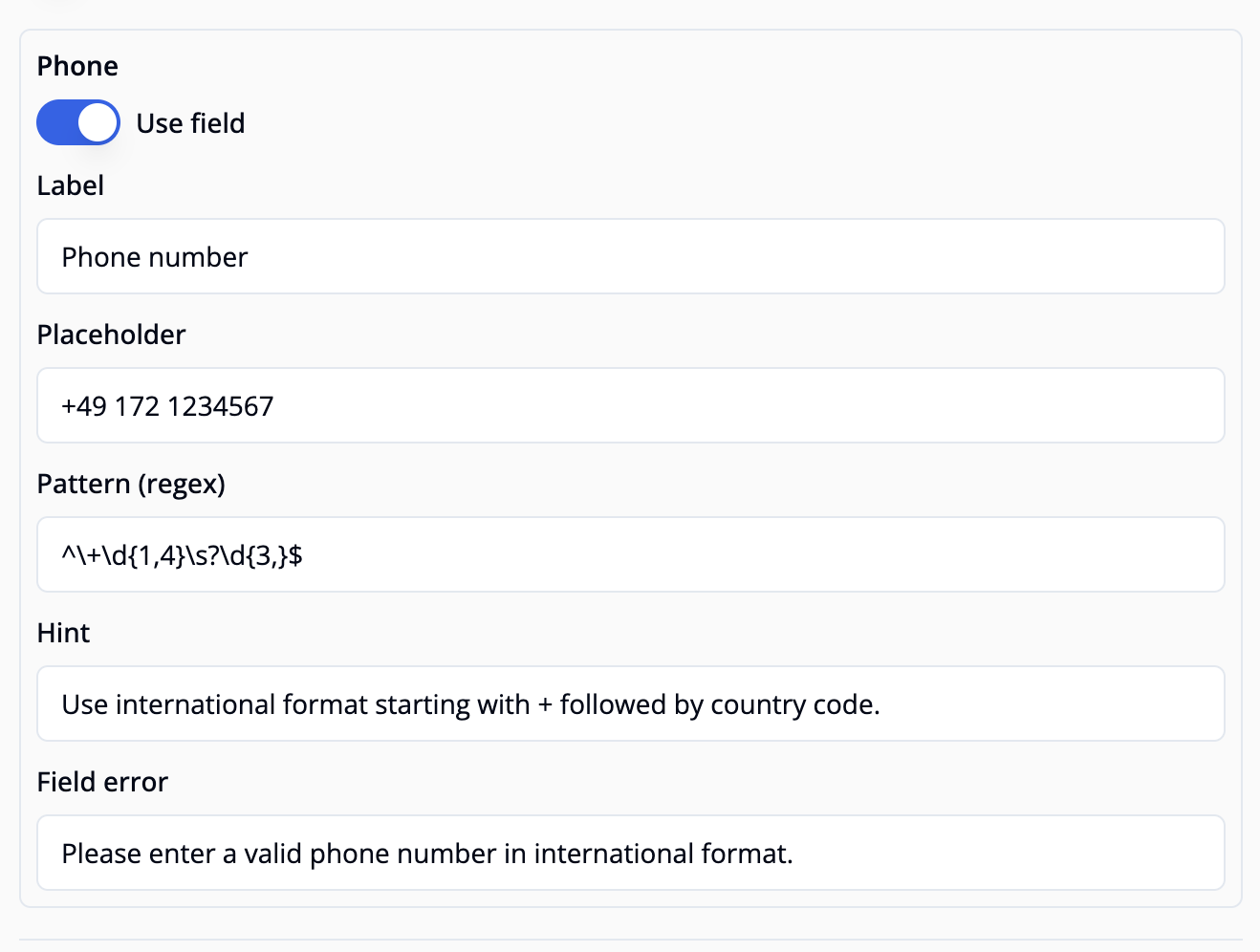 Contact form response options input fields example