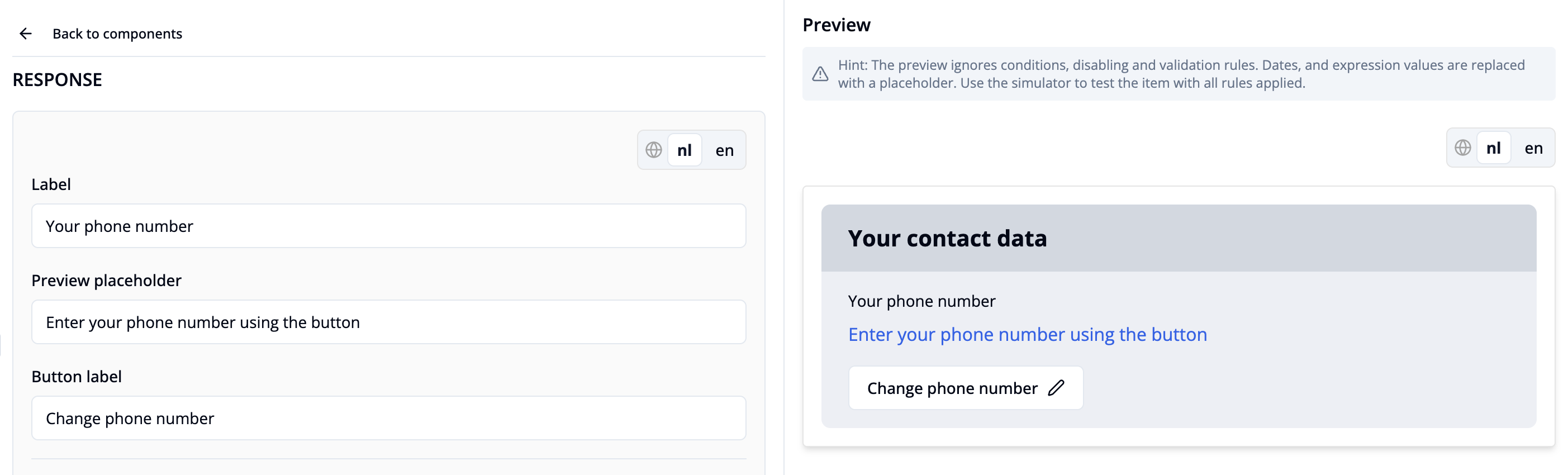Contact form response options input fields example