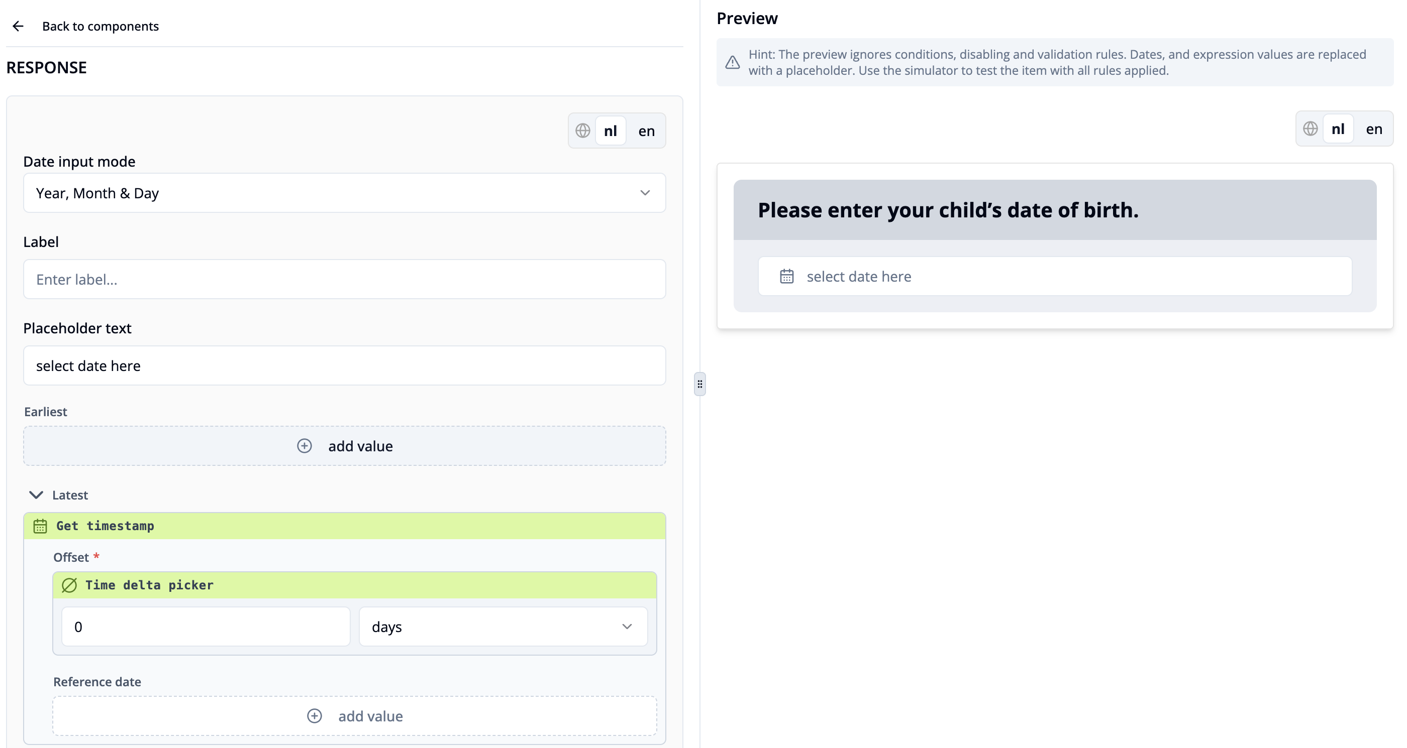 Response Options overview of date input item