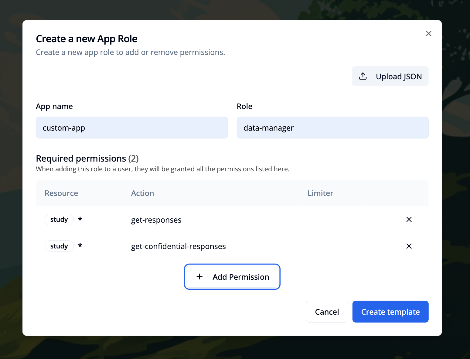 Add app role template modal populated
