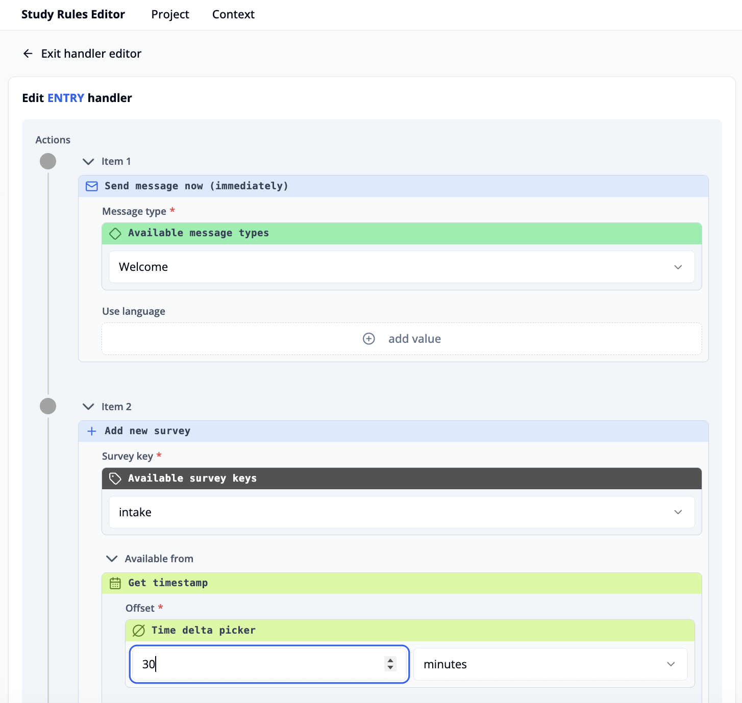 Screenshot of first action for ENTRY handler