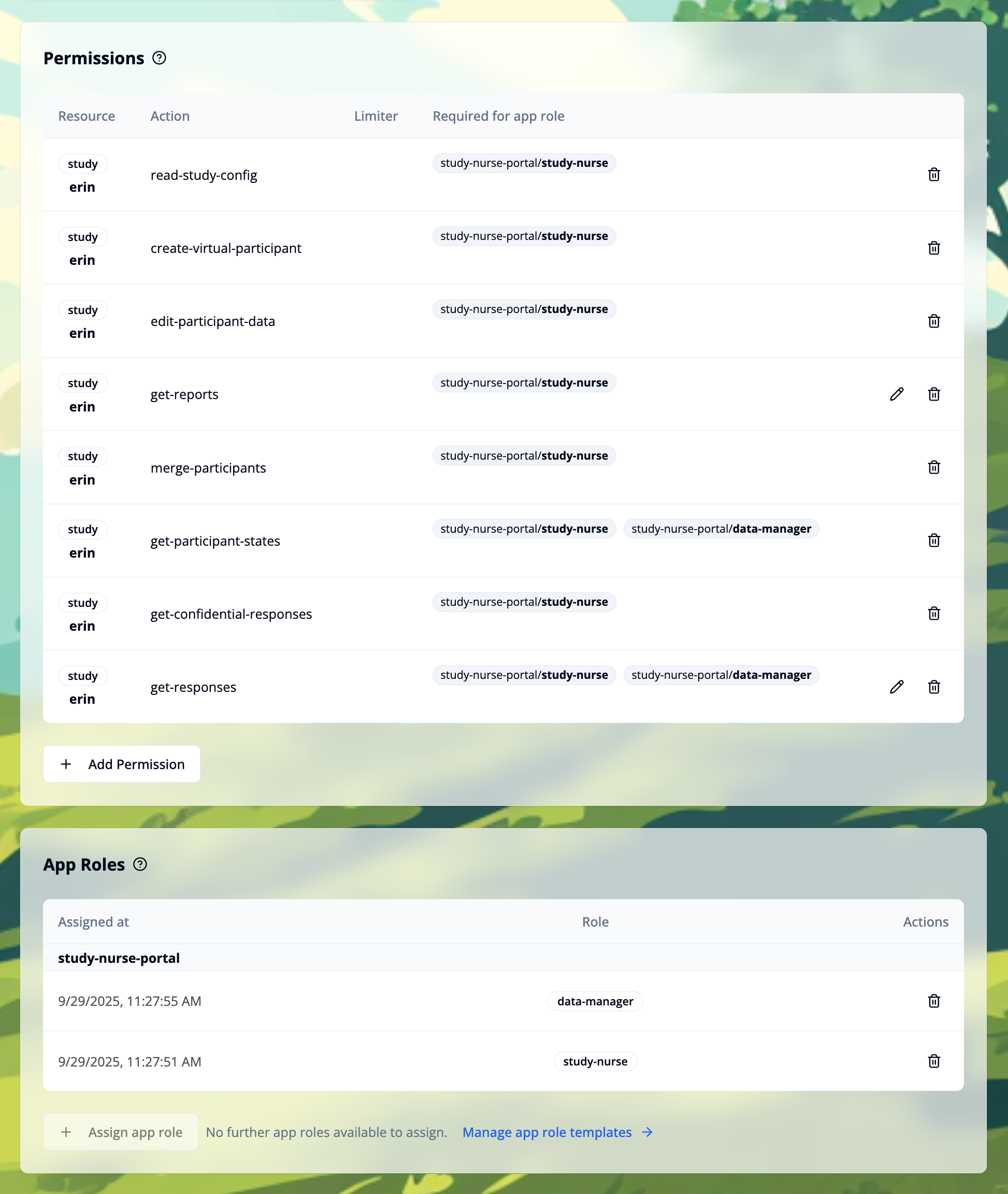 Populated permissions and roles