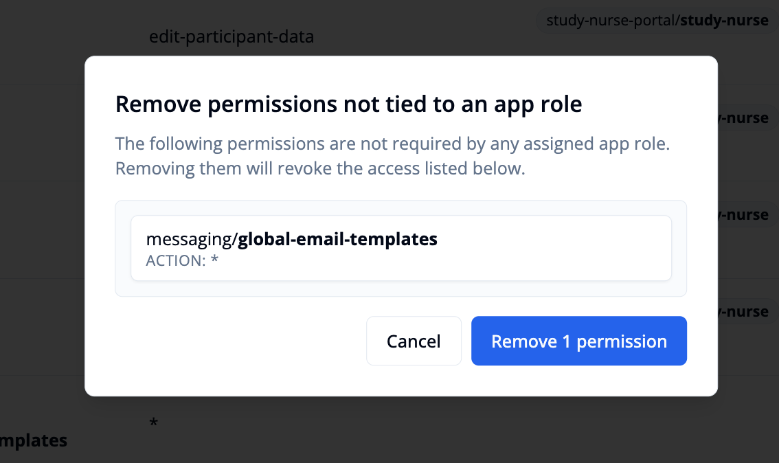 Remove permissions without app role dialog