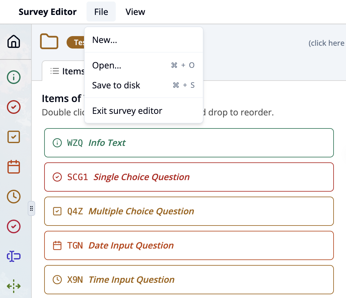 Screenshot of the Survey Editor showing the “File” menu open.