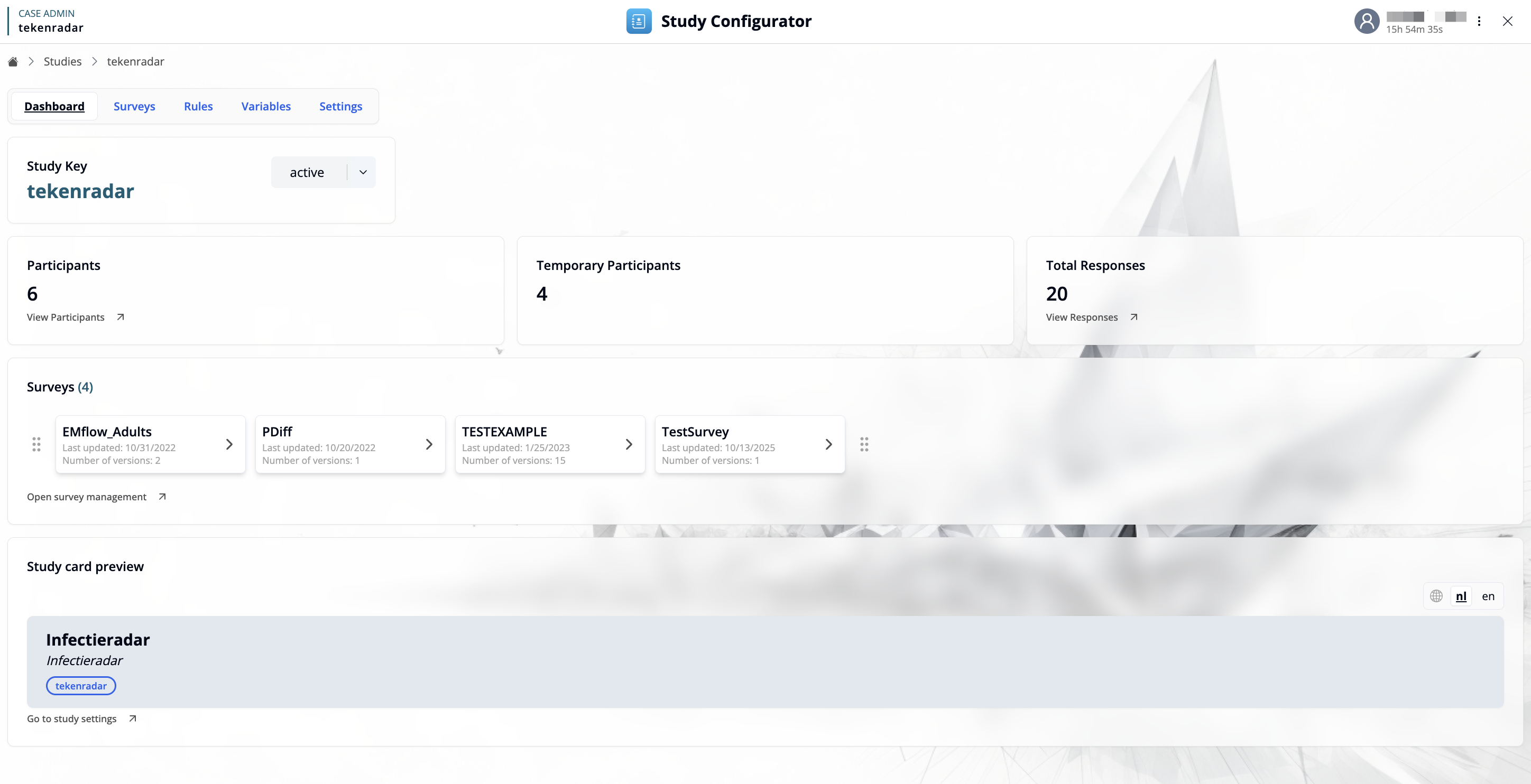 Study configurator dashboard overview