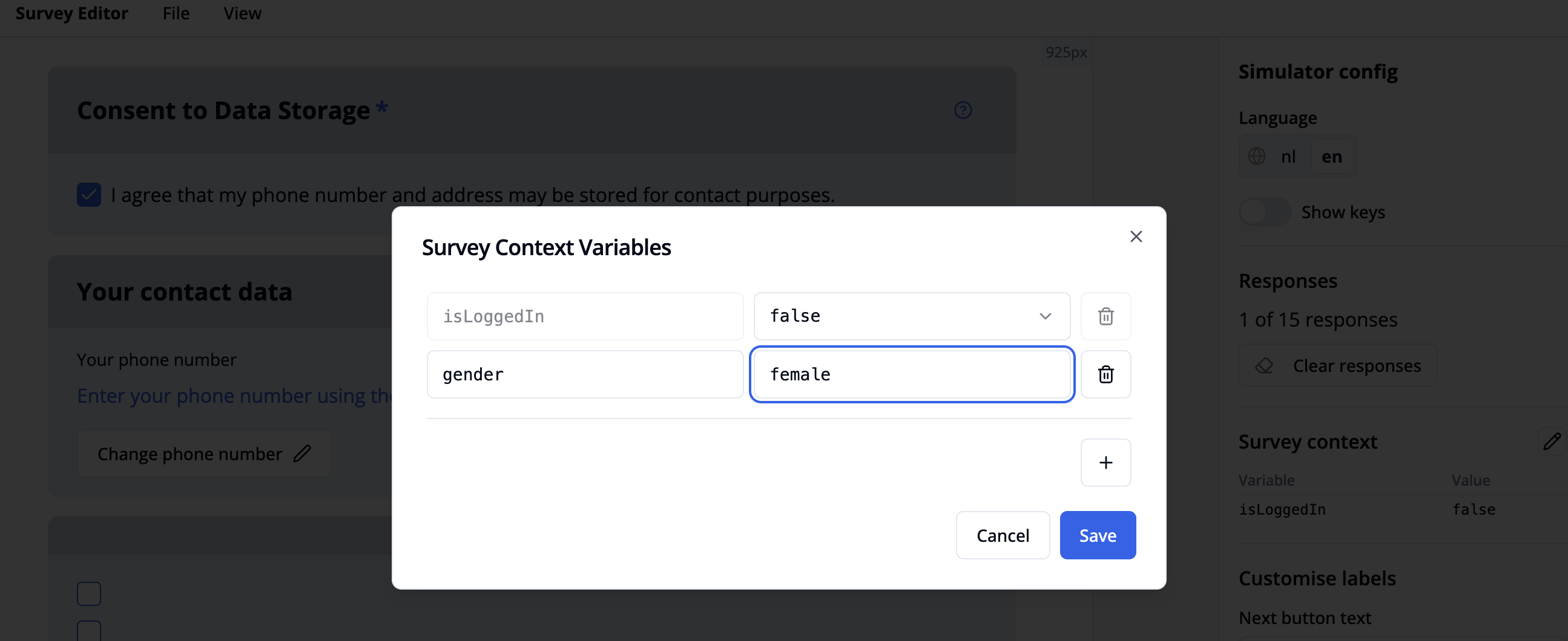 Window with survey context variables