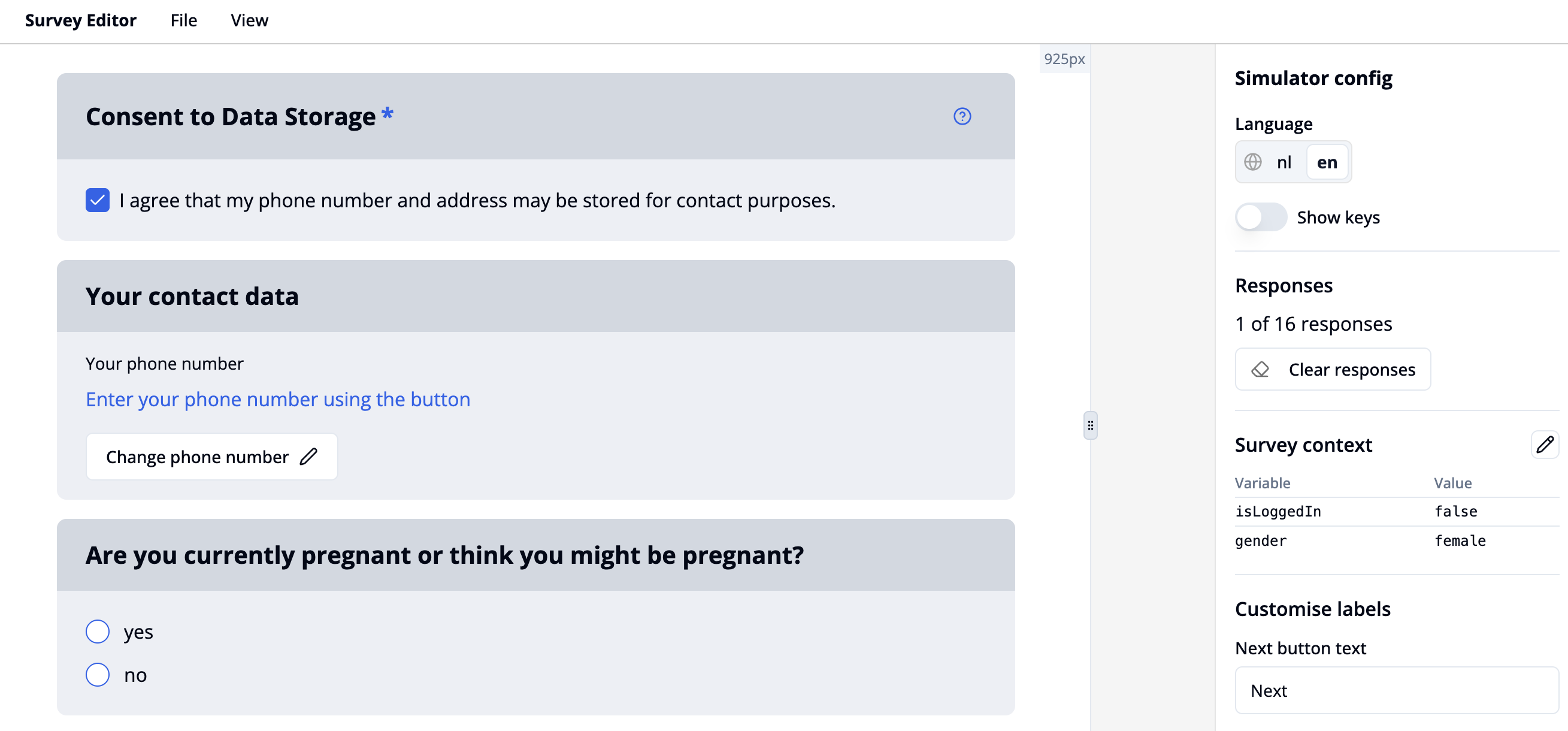 Survey simulator with pregnancy question and gender participant flag