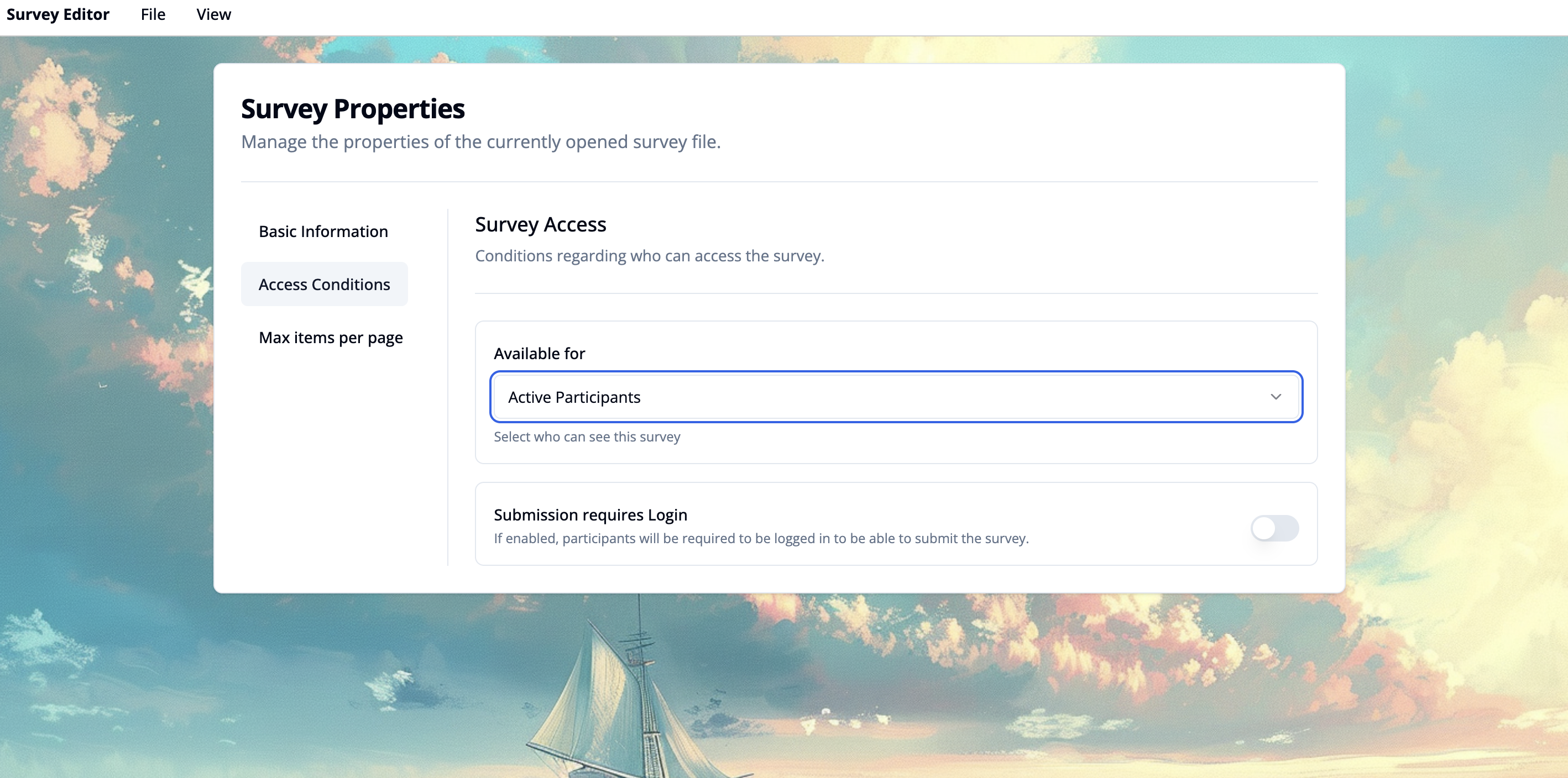 Screenshot of survey properties workspace access conditions