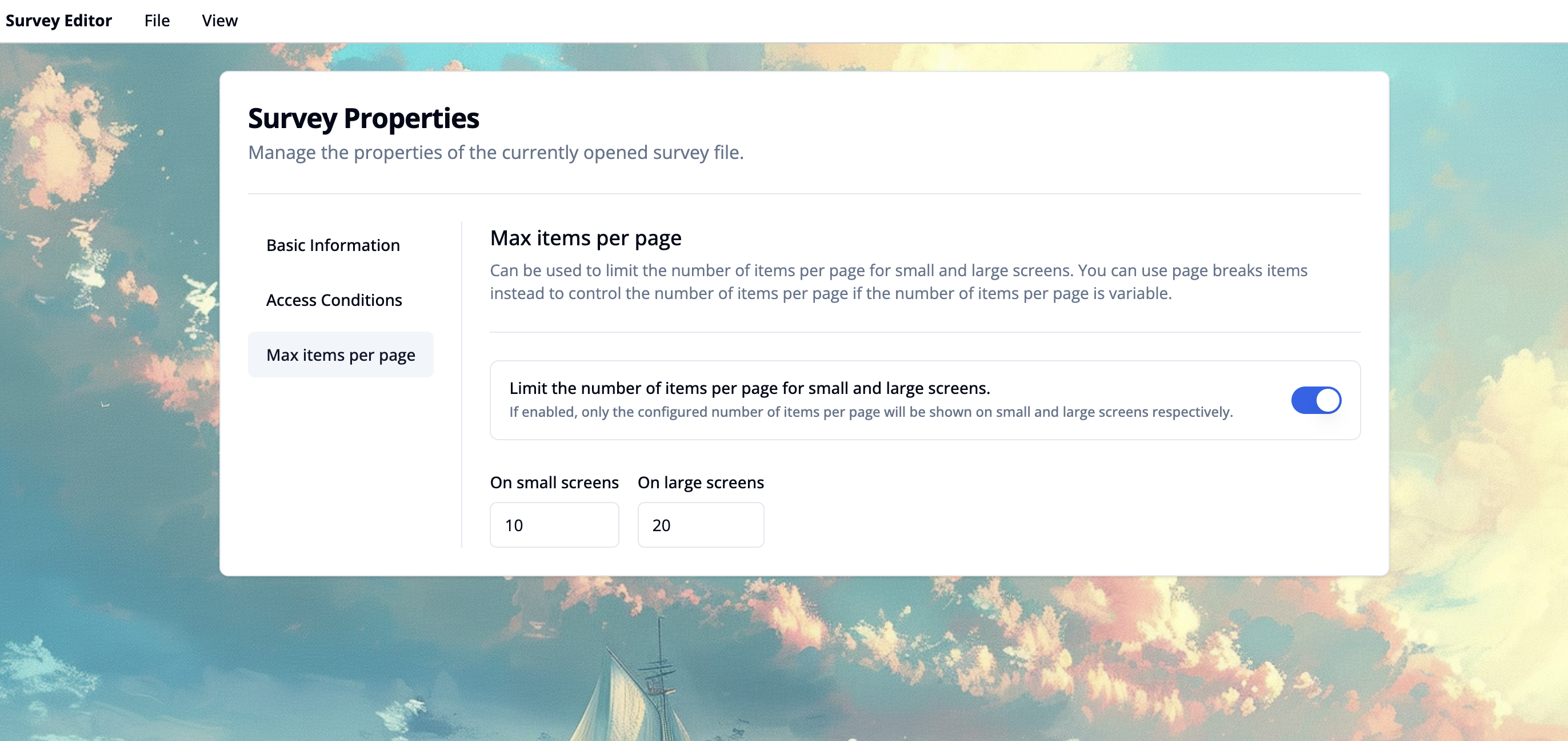 Screenshot of survey properties workspace max items per page